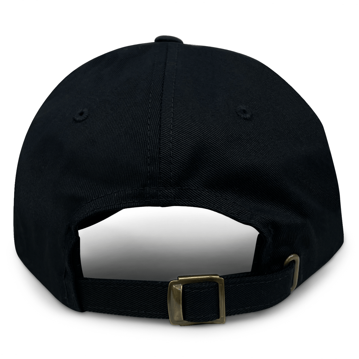 The back of a Fiji Cotton Twill Dad Cap with a gold buckle by EMB Alpha Broder.