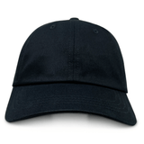 The S&S Activewear Adult Low-Profile Cotton Twill Dad Cap is shown from the front against a white background, featuring plain black cotton twill fabric and a curved brim.