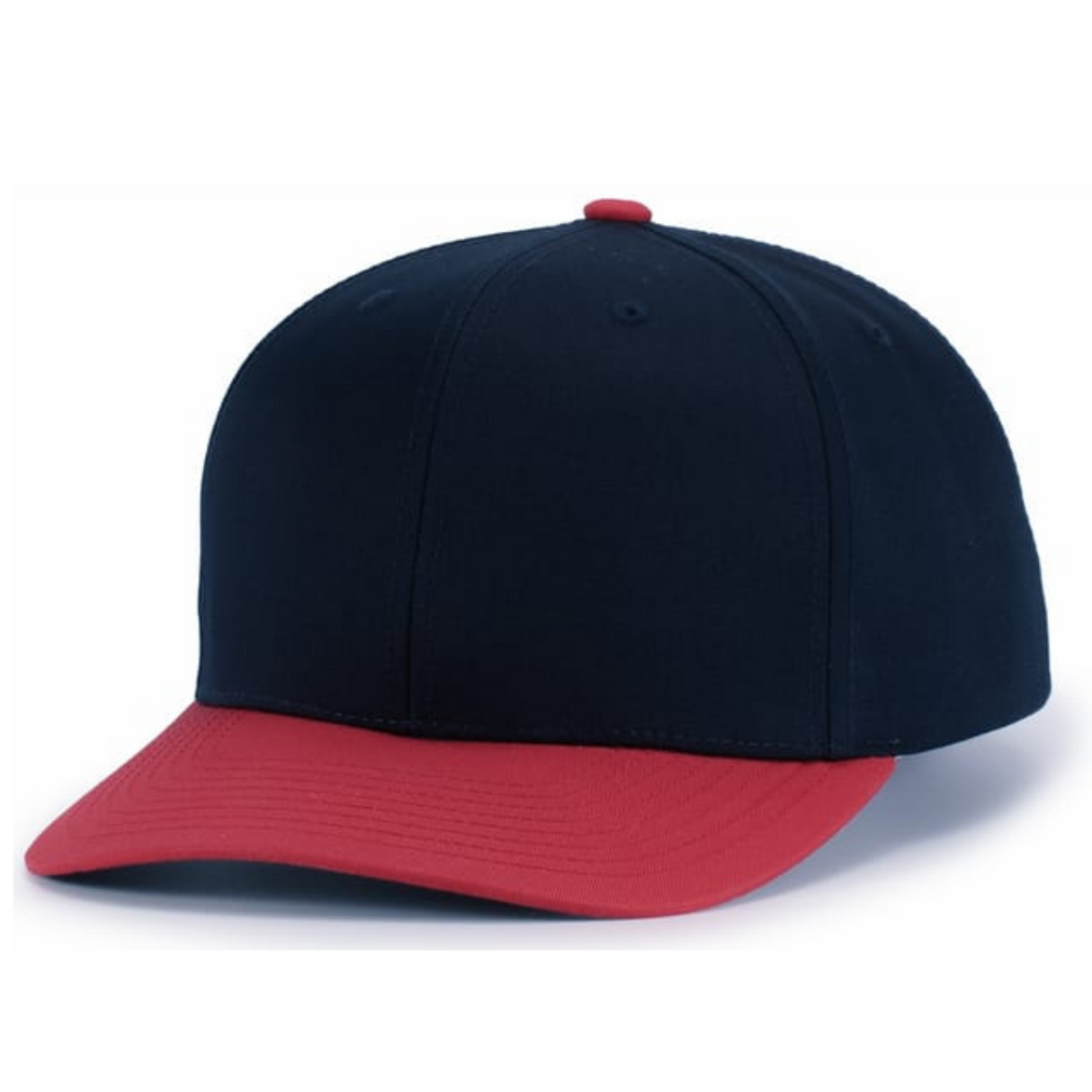 The Augusta Sportswear Poly/Cotton Snapback Cap features a black structured crown, red brim, and small red top button. Made from a durable poly/cotton blend and shown on a plain white background.