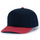 The Augusta Sportswear Poly/Cotton Snapback Cap features a black structured crown, red brim, and small red top button. Made from a durable poly/cotton blend and shown on a plain white background.