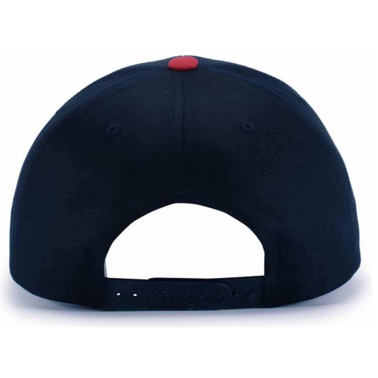 Back view of the Augusta Sportswear Poly/Cotton Snapback Cap in black, featuring an adjustable closure, structured crown, small red top button, and made from a durable poly/cotton blend.
