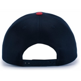 Back view of the Augusta Sportswear Poly/Cotton Snapback Cap in black, featuring an adjustable closure, structured crown, small red top button, and made from a durable poly/cotton blend.