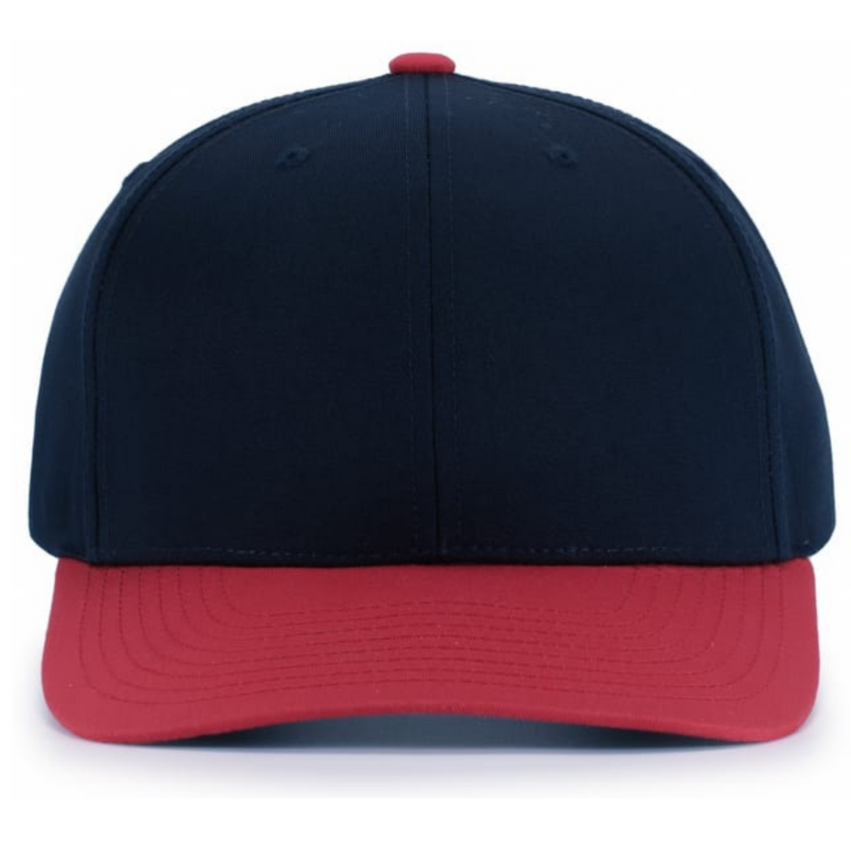 The Augusta Sportswear Poly/Cotton Snapback Cap features a navy blue structured crown and red brim, made from a durable poly/cotton blend, shown front-facing against a plain background.