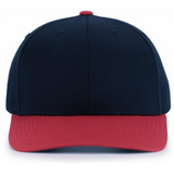 The Augusta Sportswear Poly/Cotton Snapback Cap features a navy blue structured crown and red brim, made from a durable poly/cotton blend, shown front-facing against a plain background.