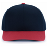 The Augusta Sportswear Poly/Cotton Snapback Cap features a navy blue structured crown and red brim, made from a durable poly/cotton blend, shown front-facing against a plain background.