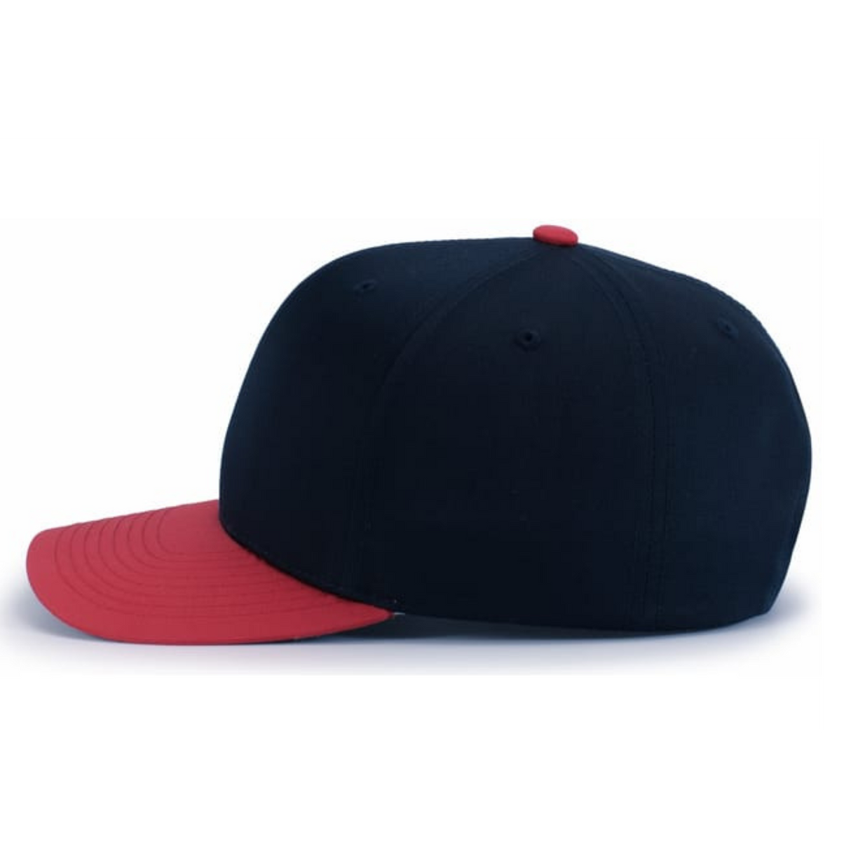 The Augusta Sportswear Poly/Cotton Snapback Cap features a structured black crown with a red brim and red button, shown in profile against a plain white background.
