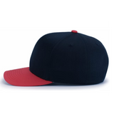 The Augusta Sportswear Poly/Cotton Snapback Cap features a structured black crown with a red brim and red button, shown in profile against a plain white background.