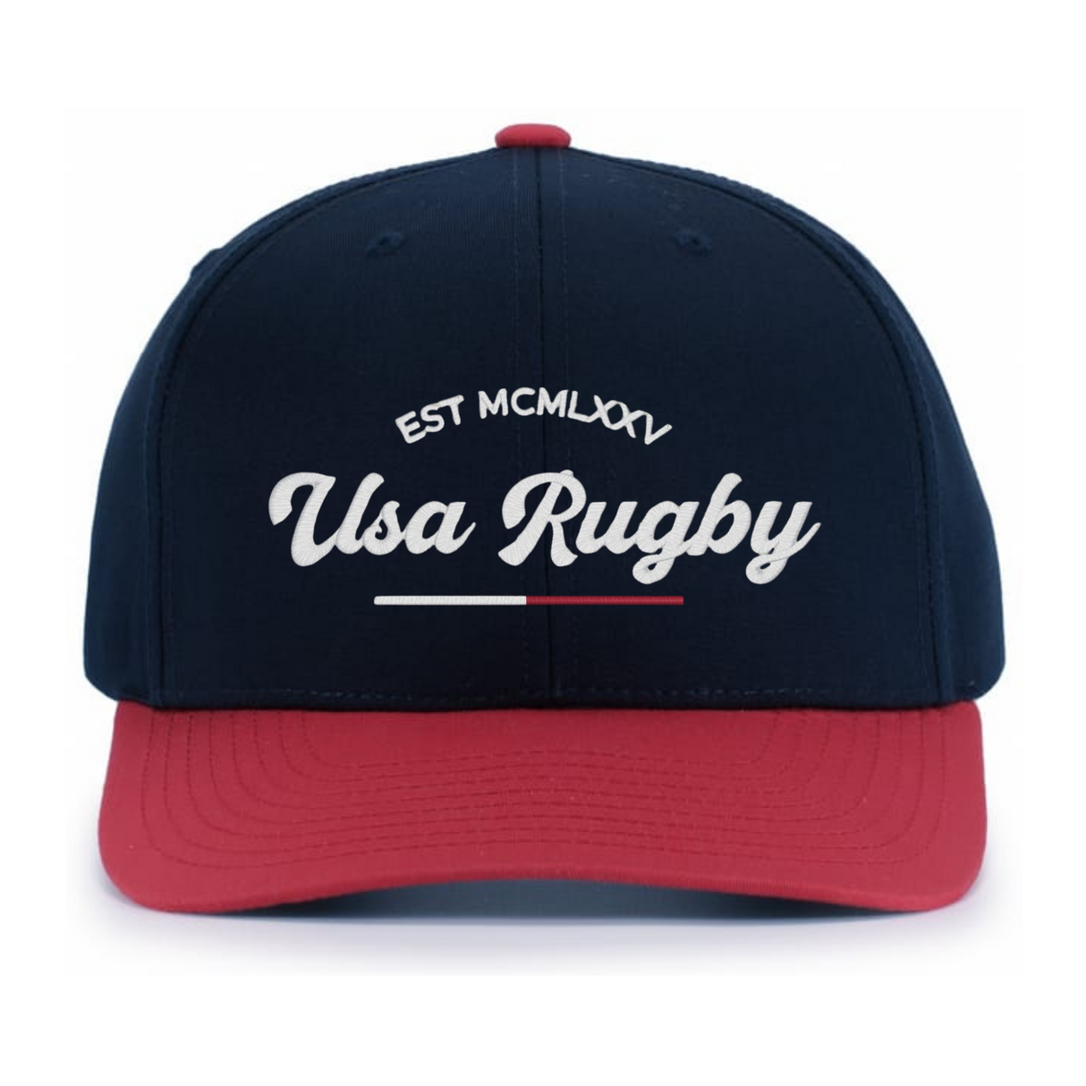 The EMB Augusta USA Rugby Elevated 1975 Eagles Snapback Cap features navy blue and red colors with "EST MCMLXXV Usa Rugby" in white script, ideal for fans who love vintage style and rugby tradition.
