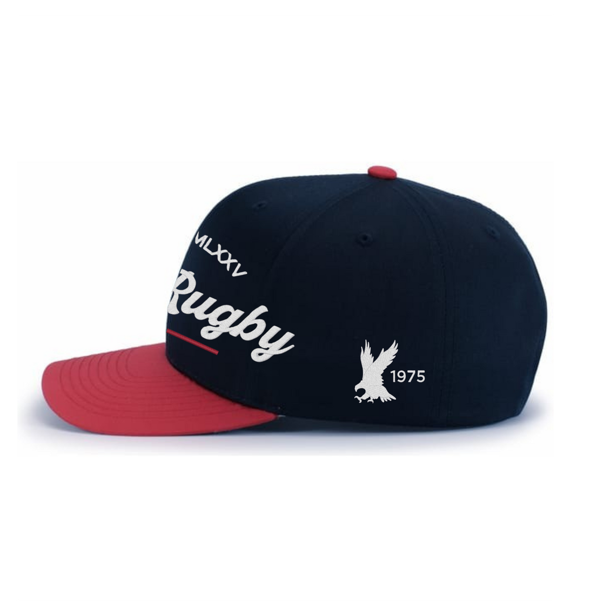 The EMB Augusta USA Rugby Elevated 1975 Eagles Snapback Cap features a navy blue and red design with "Rugby," Roman numerals "MMXXV," and a white eagle graphic with "1975" on the side.