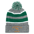 The EMB Augusta Nations of Rugby Australia Hooped Pom-Pom Beanie features gray and green knit, white stripes, a pom-pom, and "Australia Rugby" gold embroidery—perfect for any rugby supporter.