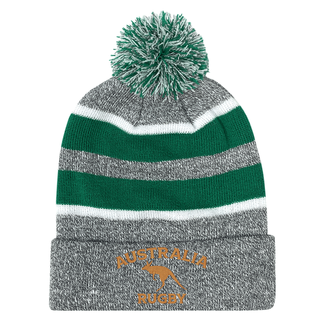 The EMB Augusta Nations of Rugby Australia Hooped Pom-Pom Beanie features gray and green knit, white stripes, a pom-pom, and "Australia Rugby" gold embroidery—perfect for any rugby supporter.