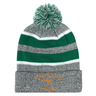 The EMB Augusta Nations of Rugby Australia Hooped Pom-Pom Beanie features gray and green knit, white stripes, a pom-pom, and "Australia Rugby" gold embroidery—perfect for any rugby supporter.