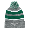 The EMB Augusta Nations of Rugby Ireland Hooped Pom-Pom Beanie features gray, green, and white hoops with "Ireland Rugby" text and logo on the front cuff—an ideal knit hat for any Ireland supporter.