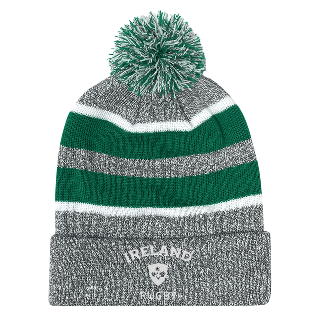 The EMB Augusta Nations of Rugby Ireland Hooped Pom-Pom Beanie features gray, green, and white hoops with "Ireland Rugby" text and logo on the front cuff—an ideal knit hat for any Ireland supporter.