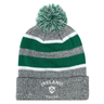The EMB Augusta Nations of Rugby Ireland Hooped Pom-Pom Beanie features gray, green, and white hoops with "Ireland Rugby" text and logo on the front cuff—an ideal knit hat for any Ireland supporter.