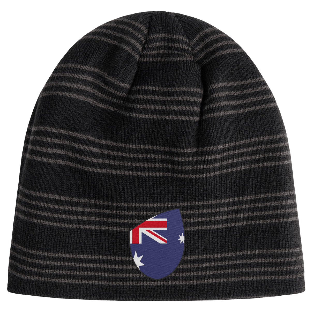 A gray striped beanie from EMB Canterbury featuring the Australia Shield emblem.