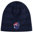Introducing the EMB Canterbury Australia Shield Beanie: a navy blue beanie with dark stripes and a front patch featuring an Australian flag design. Ideal for subtle national pride and cozy warmth.