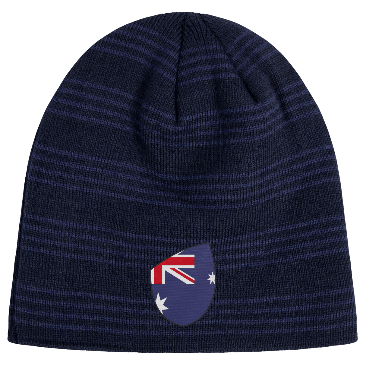 Introducing the EMB Canterbury Australia Shield Beanie: a navy blue beanie with dark stripes and a front patch featuring an Australian flag design. Ideal for subtle national pride and cozy warmth.