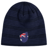 Introducing the EMB Canterbury Australia Shield Beanie: a navy blue beanie with dark stripes and a front patch featuring an Australian flag design. Ideal for subtle national pride and cozy warmth.