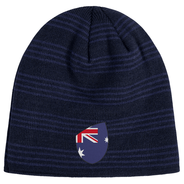 Introducing the EMB Canterbury Australia Shield Beanie: a navy blue beanie with dark stripes and a front patch featuring an Australian flag design. Ideal for subtle national pride and cozy warmth.