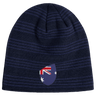 Introducing the EMB Canterbury Australia Shield Beanie: a navy blue beanie with dark stripes and a front patch featuring an Australian flag design. Ideal for subtle national pride and cozy warmth.