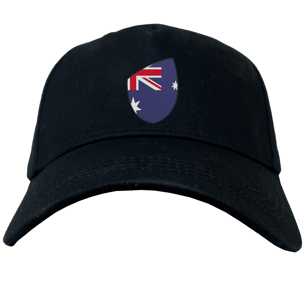 The EMB Canterbury Australia Shield Flex Drill Cap is a stylish black cap featuring a distinctive shield design with elements of the Australian flag.