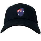 The EMB Canterbury Australia Shield Flex Drill Cap is a stylish black cap featuring a distinctive shield design with elements of the Australian flag.