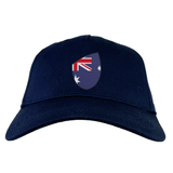 Introducing the Australia Shield Flex Drill Cap by EMB Canterbury: a stylish navy blue baseball cap featuring a striking shield with the iconic Australian flag design. Perfect for Aussie pride enthusiasts, this cap delivers both comfort and flair.