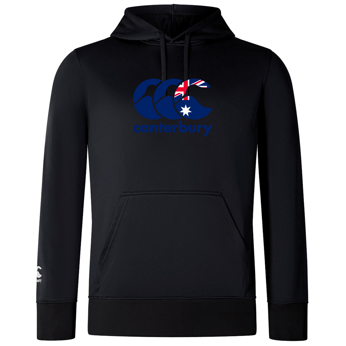 The WRS Canterbury Australia CCC Club Lightweight Hoodie showcases the iconic logo and a striking Australian flag design on the chest, made from durable polyester for style and resilience.