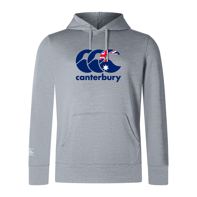 The WRS Canterbury Australia CCC Club Lightweight Hoodie, made from durable polyester, features a bold "Canterbury" logo with a stylized Australian flag design on the chest.