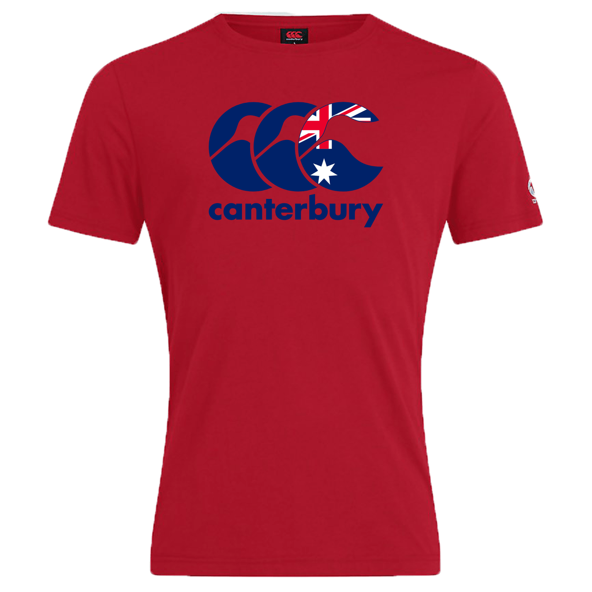Explore the WRS Canterbury Australia CCC Flag Club T-Shirt, a red classic crafted from a cotton-rich blend. It features the iconic Canterbury Kiwi Logo and proudly showcases a blue motif inspired by the Australian flag.