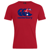 Explore the WRS Canterbury Australia CCC Flag Club T-Shirt, a red classic crafted from a cotton-rich blend. It features the iconic Canterbury Kiwi Logo and proudly showcases a blue motif inspired by the Australian flag.