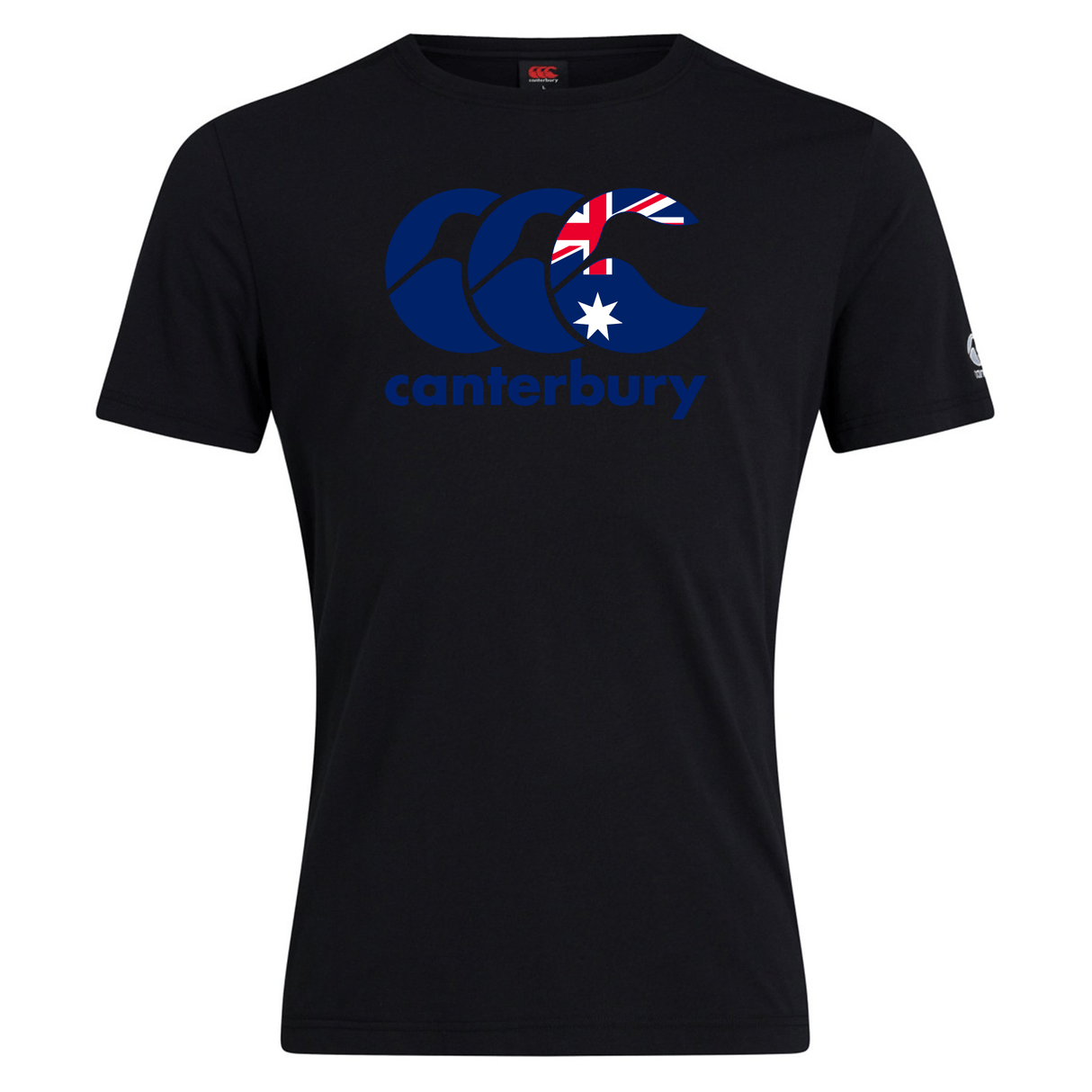The Canterbury Australia CCC Flag Club T-Shirt from WRS Canterbury is made from a cotton-rich blend, featuring the Canterbury logo with a stylized kangaroo and Australian flag design.