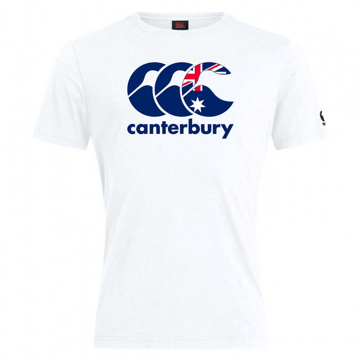 The Canterbury Australia CCC Flag Club T-Shirt by WRS Canterbury features a white base with bold blue branding and Australian flag elements.