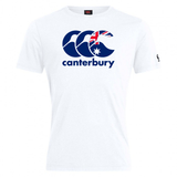 The Canterbury Australia CCC Flag Club T-Shirt by WRS Canterbury features a white base with bold blue branding and Australian flag elements.