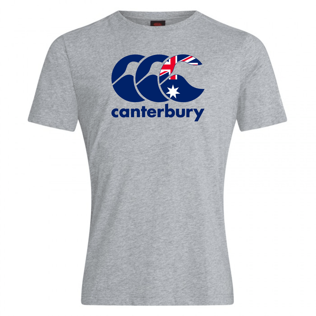 The Canterbury Australia CCC Flag Club T-Shirt by WRS Canterbury is crafted from a cotton-rich blend, featuring the Canterbury Kiwi Logo with stylized waves, an Australian flag motif, and "Canterbury" in bold blue text.