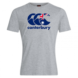 The Canterbury Australia CCC Flag Club T-Shirt by WRS Canterbury is crafted from a cotton-rich blend, featuring the Canterbury Kiwi Logo with stylized waves, an Australian flag motif, and "Canterbury" in bold blue text.