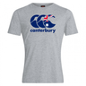 The Canterbury Australia CCC Flag Club T-Shirt by WRS Canterbury is crafted from a cotton-rich blend, featuring the Canterbury Kiwi Logo with stylized waves, an Australian flag motif, and "Canterbury" in bold blue text.