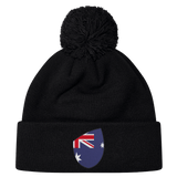 The EMB Canterbury Australia Shield Pom Pom Beanie showcases a black design with an Australia Shield patch on the cuff.