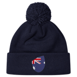 Navy blue pom-pom beanie featuring an Australia Shield emblem on the front by EMB Canterbury.