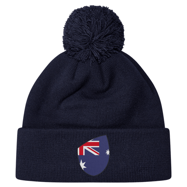 Navy blue pom-pom beanie featuring an Australia Shield emblem on the front by EMB Canterbury.
