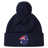 Navy blue pom-pom beanie featuring an Australia Shield emblem on the front by EMB Canterbury.