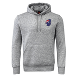 The EMB Canterbury Australia Shield Club Hoodie features a cozy design in premium gray sweatshirt fleece, complete with a front pocket, drawstring hood, sleeve branding, and a chest emblem of a flag with stars.