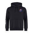The Australia Shield Club Hoodie by EMB Canterbury is a black, premium fleece hoodie featuring an Australian flag patch on the left chest, white stripes on the right sleeve, and Canterbury branding. Ideal for showcasing national pride stylishly.