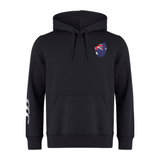 The Australia Shield Club Hoodie by EMB Canterbury is a black, premium fleece hoodie featuring an Australian flag patch on the left chest, white stripes on the right sleeve, and Canterbury branding. Ideal for showcasing national pride stylishly.