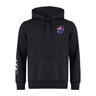 The Australia Shield Club Hoodie by EMB Canterbury is a black, premium fleece hoodie featuring an Australian flag patch on the left chest, white stripes on the right sleeve, and Canterbury branding. Ideal for showcasing national pride stylishly.
