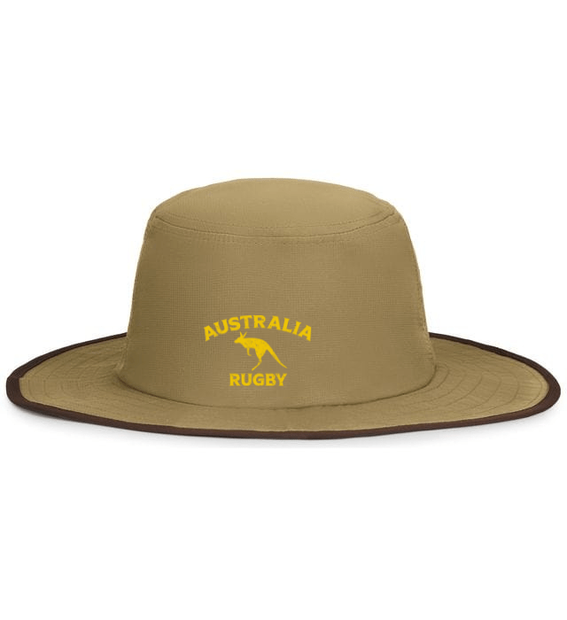 A tan Nations of Rugby Australia Rugby Legend Boonie Cap by EMB Augusta, providing sun protection while showcasing rugby affinity.