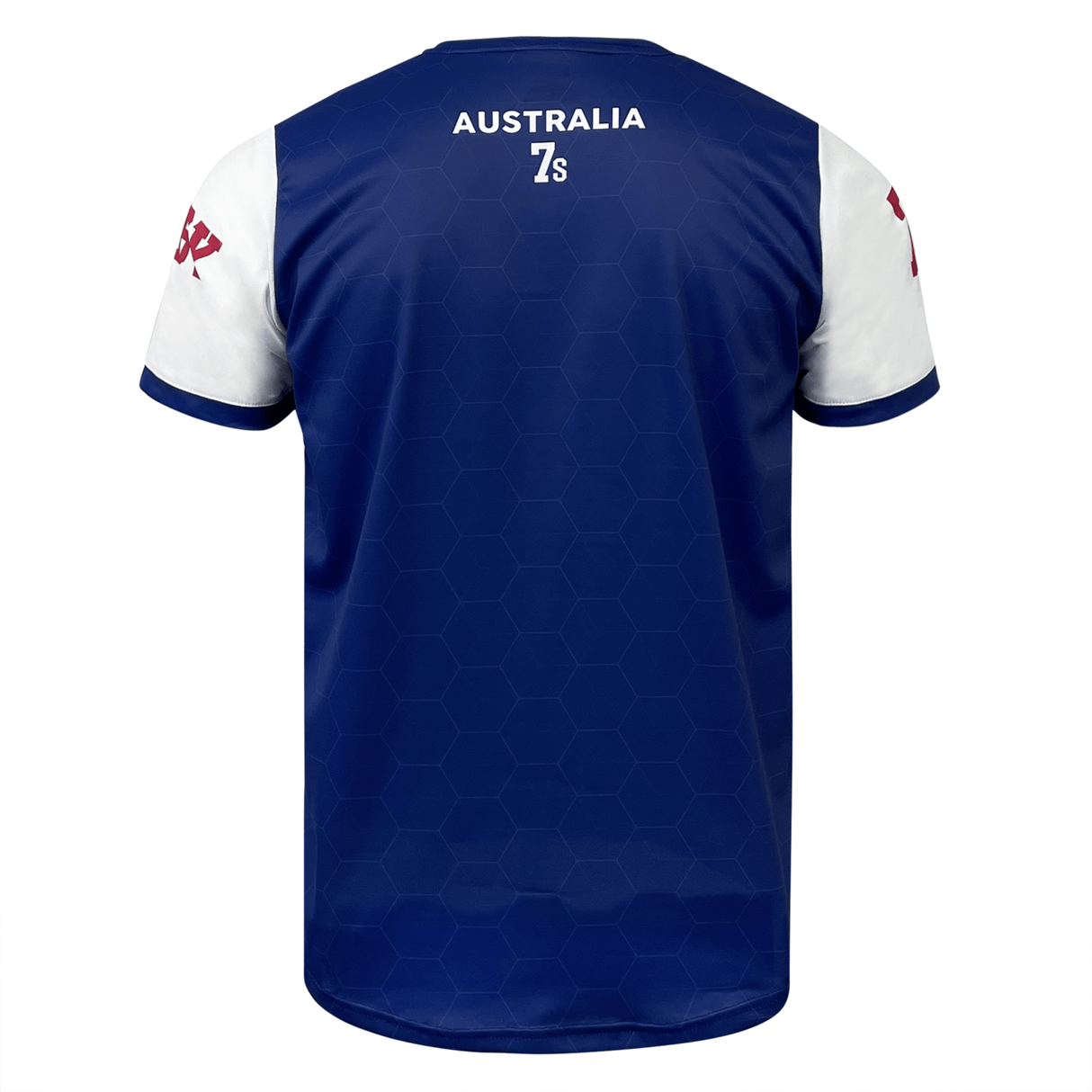 Back view of the Nations of Rugby Australia Sevens Rugby Flag Jersey by Admiral in blue with white sleeves and hexagonal pattern, featuring "AUSTRALIA 7s" printed near the collar and a logo on each sleeve—perfect for rugby fans worldwide showing their pride in Australia Sevens Rugby.