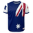 A Nations of Rugby Australia Sevens Rugby Flag Jersey by Admiral—a blue and white short-sleeved shirt featuring the Australian flag design with red, white, and blue hues, hexagonal patterns, and a white star at the bottom—perfect for rugby fans worldwide supporting Australia Sevens Rugby.