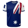 A Nations of Rugby Australia Sevens Rugby Flag Jersey by Admiral—a blue and white short-sleeved shirt featuring the Australian flag design with red, white, and blue hues, hexagonal patterns, and a white star at the bottom—perfect for rugby fans worldwide supporting Australia Sevens Rugby.